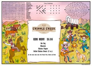 Western Cowboy Kid's Activity Placemats menus for restaurants with games and puzzles