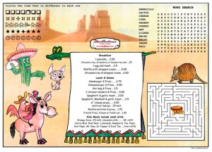 Southwestern theme Children's Activity Menus Placemats for Restaurants with games and puzzles